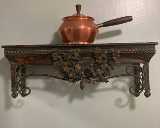 Metal wall shelf $40.; copper pot and lid with wooden handles $40