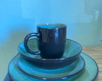 Stoneware green mugs and dishes service for 6. $70.