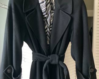 Cashmere full length black coat from Neiman Marcus Regency. S-M . Notched collar wrap with self belt. $350.