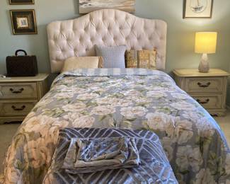 Headboard Queen tufted ivory $85; Queen floral bedspread with 2 pillow shams $50.00; King Grey modern bedspread and 2 shams $40. All pictured items are for sale.