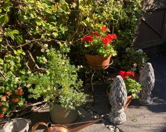 Copper watering can, cement pedestals, cement planter and potted plants from $10.00 - $50.00