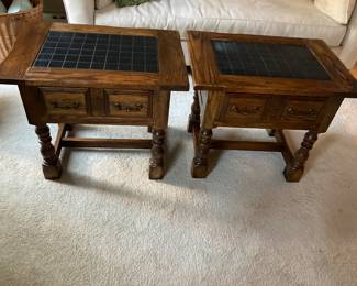 Country English Wood End Tables with Black Slate Inserts $350. for 2. Made by “Globe” 28”L x23”H x 19.5”W