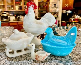 LOTS OF FIGURAL MILK GLASS, HENS ON NEST, FOSTORIA.
