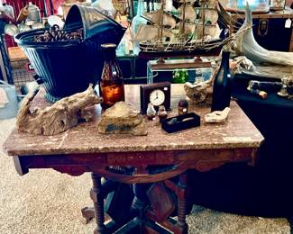 EASTLAKE MARBLE TOP TABLE, HEAVILY CARVED.