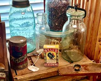 OLD WOODEN EGG CRATE, MORE MASON JARS.