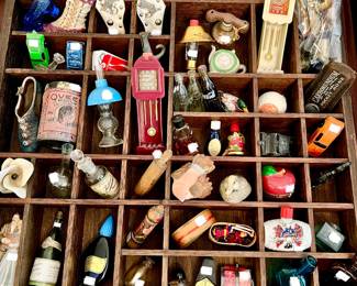 LOTS OF SHADOW BOX TRINKETS, FUN NOVELTY ITEMS, SMALL PERFUME BOTTLES.