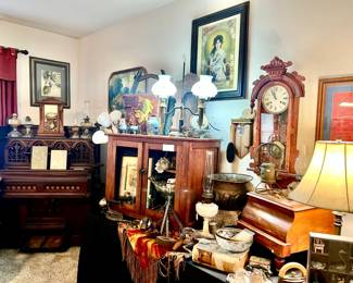 ANOTHER EASTLAKE ORGAN, ANTIQUE CABINET, OLD LAMPS, ART, CLOCKS.