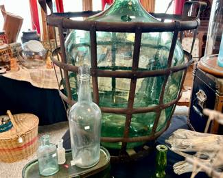 DEMIJOHN IN METAL HOLDER, ANTIQUE BOTTLES, ANTIQUE BARBER'S BOTTLE.