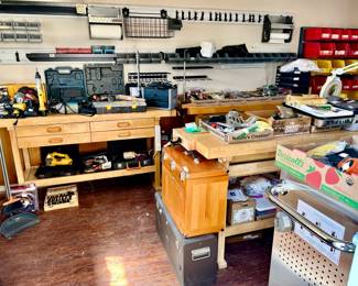 FULL WORKSHOP WITH STANLEY, CRAFTSMAN, DEWALT, RYOBI.  HAND AND POWER TOOLS, TOOL CHESTS, TABLES.