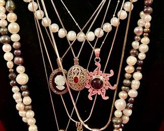 Fresh water pearls, sterling, amber.  REMOVED DAILY.  SECURITY ON PREMISES.