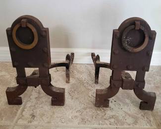 Mid-Century Modern Andirons in Iron & Brass
