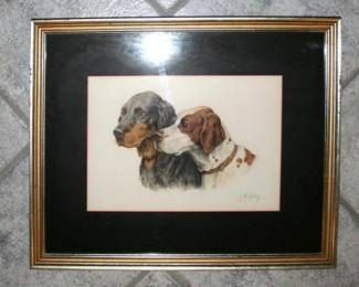 "Hunting Dogs" by Georges Fredric Rotig, Hand Colored Etching, Pencil Signed