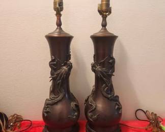 Pair Of Antique Japanese Bronze Vases Reimagined As Lamps