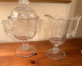 Etched glass sugar and creamer