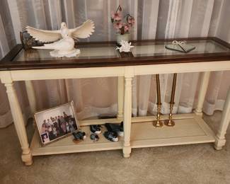 Painted wicker, glass sofa table with accessories