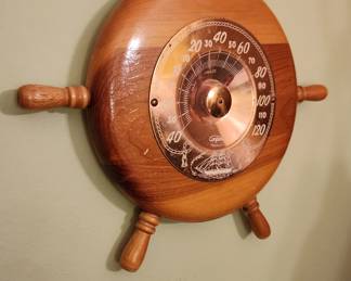 Vintage copper and wood ship's wheel thermometer