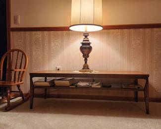 Mid-Century brass lamp with dimmer switch, possibly Stiffle, Darling child's solid wood rocker, amazing MCM coffee table (there is a matching end table in the house...)