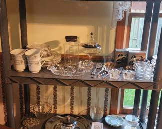 Set of china for 4, silver plate serving items, other serving items, faux flower arrangement 