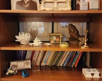 Picture frames, sea coral collection,  religious smalls, one of two solid wood bookcase/shelves