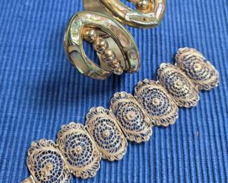 Sterling with abalone cuff, filligree bracelet