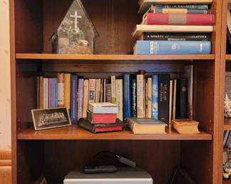 Vintage personal television,  books, one of two solid wood bookcase/shelves