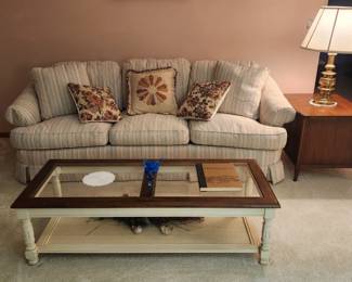 Matching coffee table with Beautiful (never sat upon) Pennsylvania House sofa, MCM end table with doors