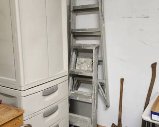 2 pieces Sterlite cabinets, metal tool box, vintage hatchet and axe