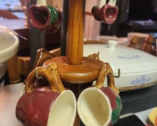 Awesome vintage ceramic measuring cups and spoons on wooden holder