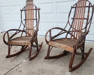 Amazing pair of antique Adirondack bent wood rocking chairs