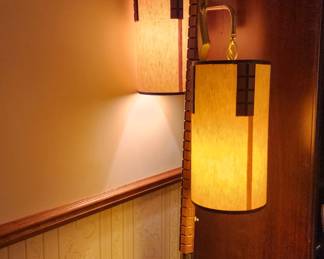 Rock star MCM pole lamp with hanging cloth shades and wood accents, possibly Stiffle