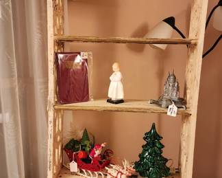 Distressed painted shelf with vintage Christmas items