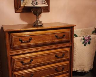 Beautiful solid wood dresser, mirror, glass shade lamp