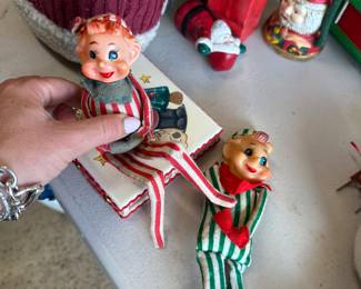 Shiny Brite “knee hugger” OG elf on a shelf duo