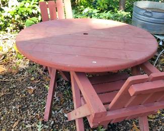Redwood outdoor table with two chairs