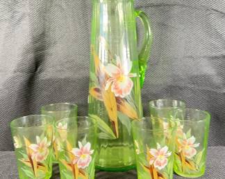 Vintage Hand Painted Green Glass Lemonade Set W Pitcher and 6 Glasses