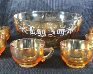 Iridescent Carnival Marigold Orange Color Egg Nog Punch Bowl With 6 Cups