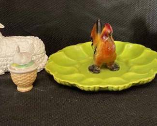 Nesting Hens, Rooster Deviled Egg Plate, Blue Hobnail Vase, And More