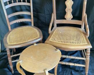 Vintage Wooden Wicker Seats And Small Stand