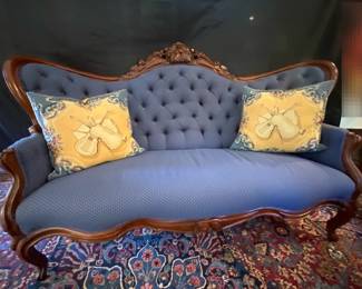 Wooden Victorian Style Sofa With Dark Blue Beige Upholstery 