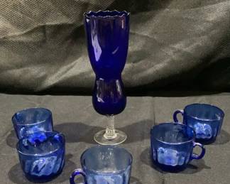 Cobalt Glass Vase Teacups X5 