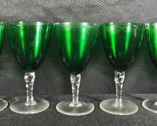 Vintage Set Of 7 Emerald Green Wineglasses W Twisted Stems