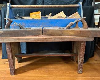 Vintage Toolbox, Planers, Tool Book And Handcrafted Bench