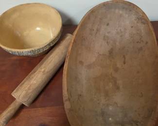Vintage Large Rolling Pin, Oblong Dough Bowl, Ceramic Spotted Mixing Bowl