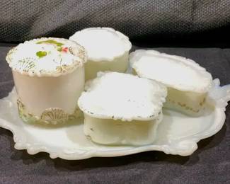 Antique Milk Glass Jewelry Trinket Boxes And Platter 