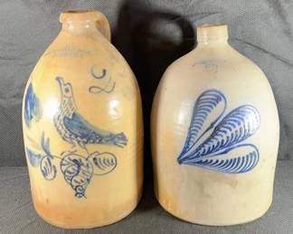 W.H. Farrar Co. Stoneware Jugs w Cobalt Blue Designs