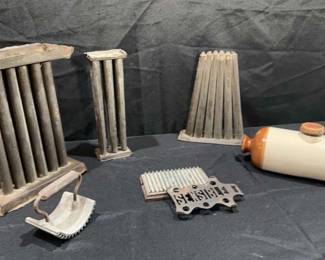 Six Pieces 3 Candle Molds And 3 Various Cast Iron Pieces