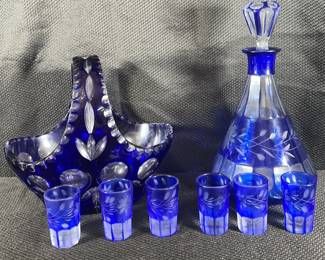 Bohemian Cobalt Blue Decanter W 6 Cordial Glasses and Candy Basket 