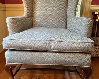 Vintage Queen Anne Blue Flame Stitch Wingback Arm Chair