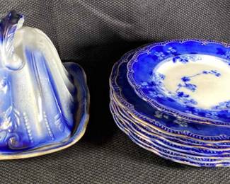 Lugano Antique Flow Blue With Gold Trim Plates And Cheese Plate