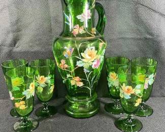 Vintage Hand Painted Green Glass Pitcher W 6 Water Goblets 